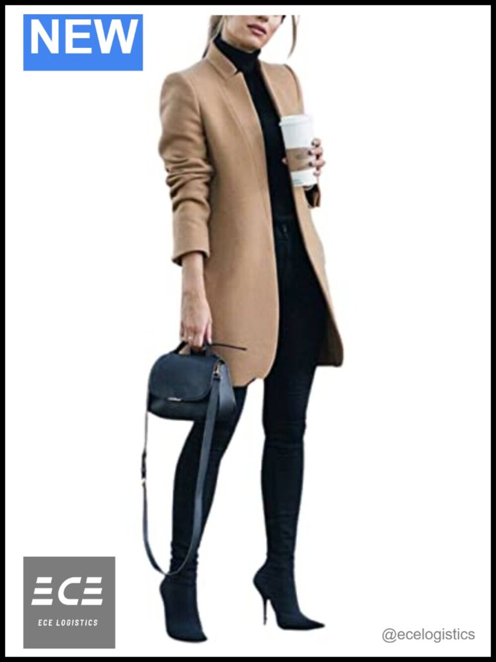 Wool Blend Pea Coat Stand Collar Mid Long Slim Fit Trench Coat